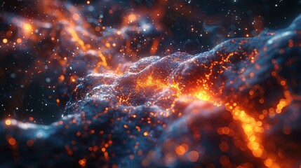 Naklejka premium Abstract Cosmic Nebula with Fiery Orange and Blue Particles