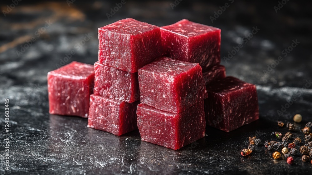 Poster cubes of raw beef stacked isolated on transparent background