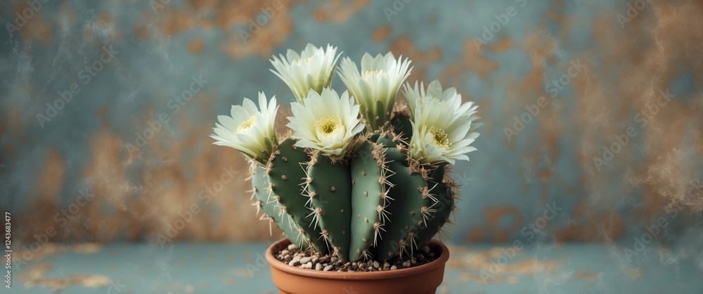 Poster vintage style cactus flowers in pot with soft focus background and empty space for text for decorati