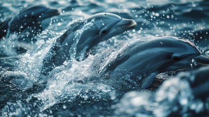 Fototapeta premium Dolphins playfully swimming through ocean waves on a sunny day with shimmering water droplets