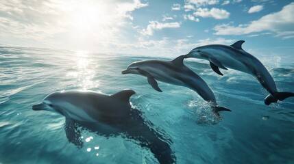 Dolphins swimming gracefully in clear blue ocean waters under a bright sky