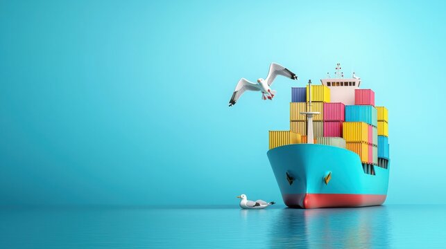 Colorful cartoon ship transporting cargo containers in a serene ocean environment playful imagery captivating viewpoint