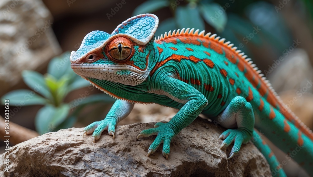 Aufkleber colorful chameleon lizard on rocks in natural habitat with greenery displaying unique features and a