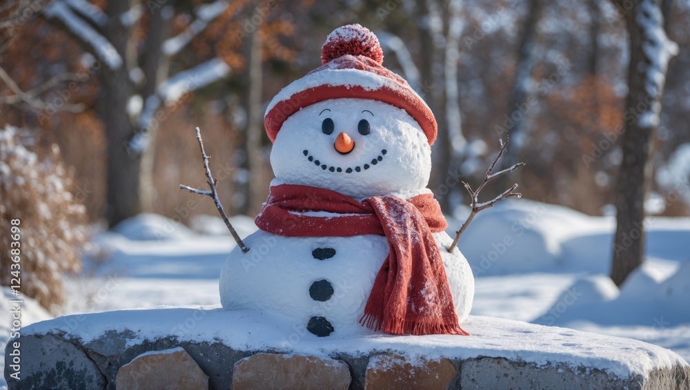Aufkleber smiling snowman wearing a red scarf and hat in a snowy landscape with trees in the background creati