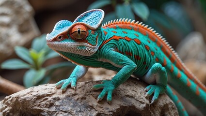 Fototapeta premium Colorful Chameleon Lizard on Rocks in Natural Habitat with Greenery Displaying Unique Features and Attributes of Rare Reptiles