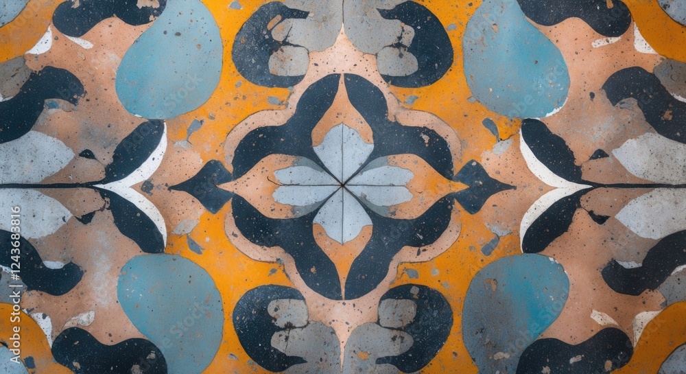 Poster vibrant abstract pattern design on textured concrete surface showcasing intricate shapes and colors 