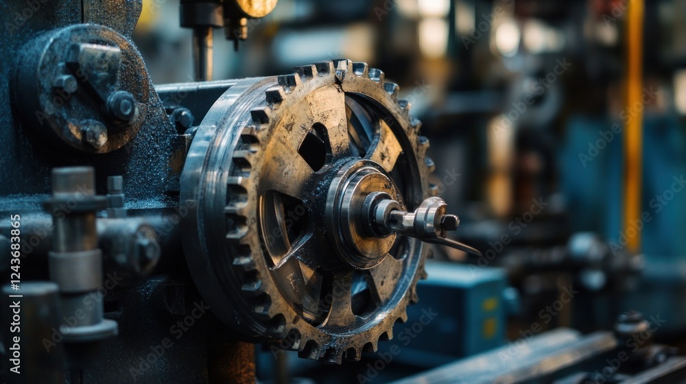 Poster a close-up of a large gear in an industrial machine, showcasing intricate details and purpose.