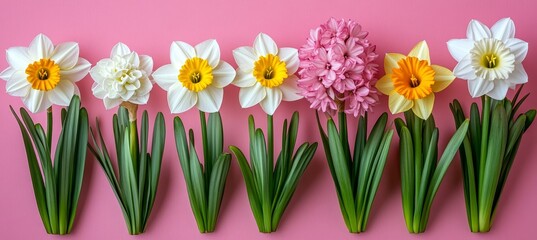 Obraz premium Spring Flowers on Pink Fresh Blooms of White Daffodils and Pink Hyacinths in Studio Arrangement