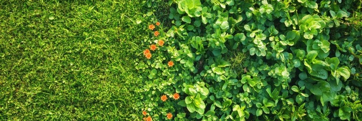 Top view of lush green grass with vibrant orange flowers and dense leafy plants