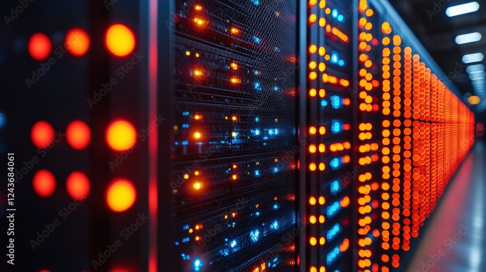 Poster colorful illuminated server racks in a data center showcasing technology and digital activity