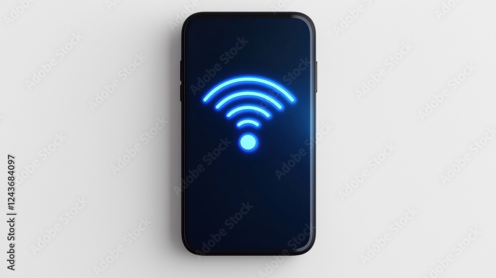 Poster a sleek smartphone displaying a glowing wi-fi signal symbol, symbolizing connectivity and modern com
