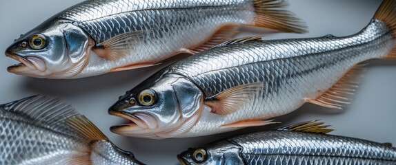 Fototapeta premium Freshly Caught Fish Displayed with Shiny Silver Scales in a Close-Up Macro Shot Showcasing Detailed Texture and Vibrant Colors