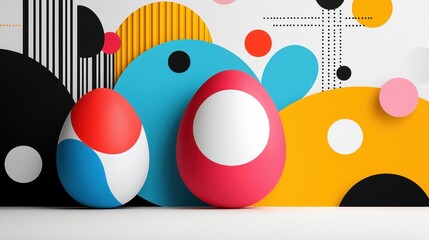 Obraz premium A vibrant, abstract display featuring colorful eggs against a geometric background. The composition highlights elements of modern art with playful colors and shapes.