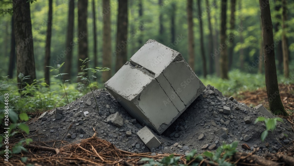 Poster abandoned concrete block resting on gravel in a serene forest environment surrounded by green trees 