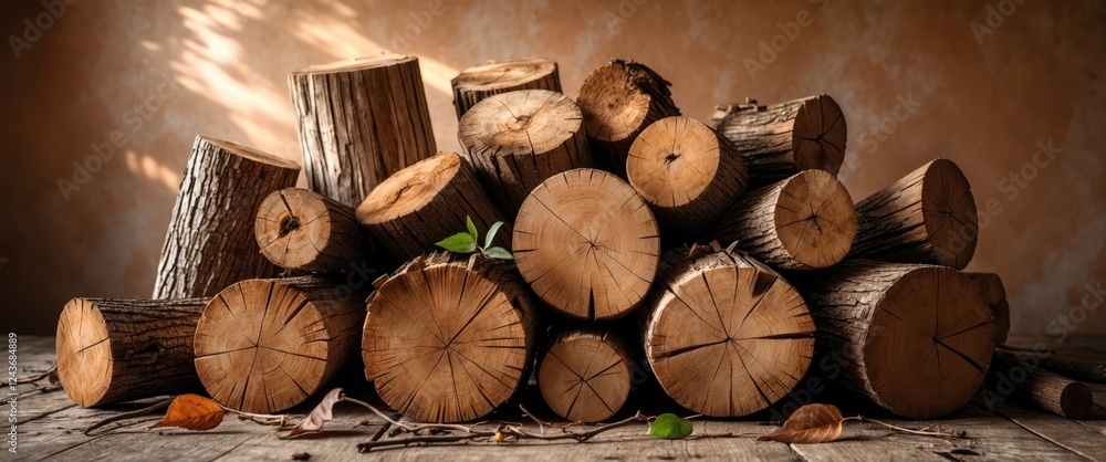 Aufkleber stacked wooden logs displaying rich textures and natural patterns on a rustic background, ideal for 