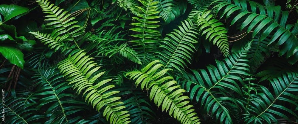 Poster close-up of lush green fern leaves in a jungle setting highlighting vibrant colors and intricate det