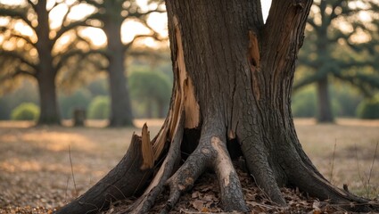 Fototapeta premium Remnants of an old oak tree stump showcasing its textured bark and rugged roots in a tranquil forest setting during sunset.