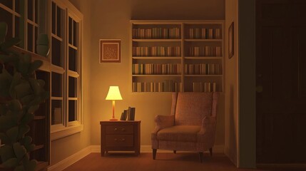 Cozy evening reading nook, home library, warm light.  Relaxing atmosphere.
