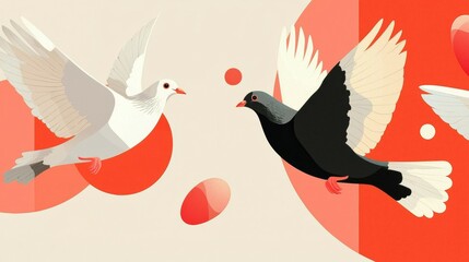 A vibrant illustration depicting two pigeons, one white and one black, flying against a minimalist abstract background with colorful circular shapes.