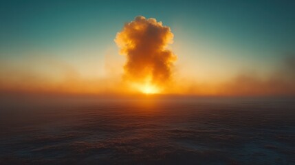 A tranquil landscape disrupted by a distant explosion, blending calm and chaos under soft sunlight.