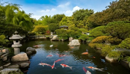 zen garden with koi ponds and stone lanterns 