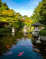 zen garden with koi ponds and stone lanterns 
