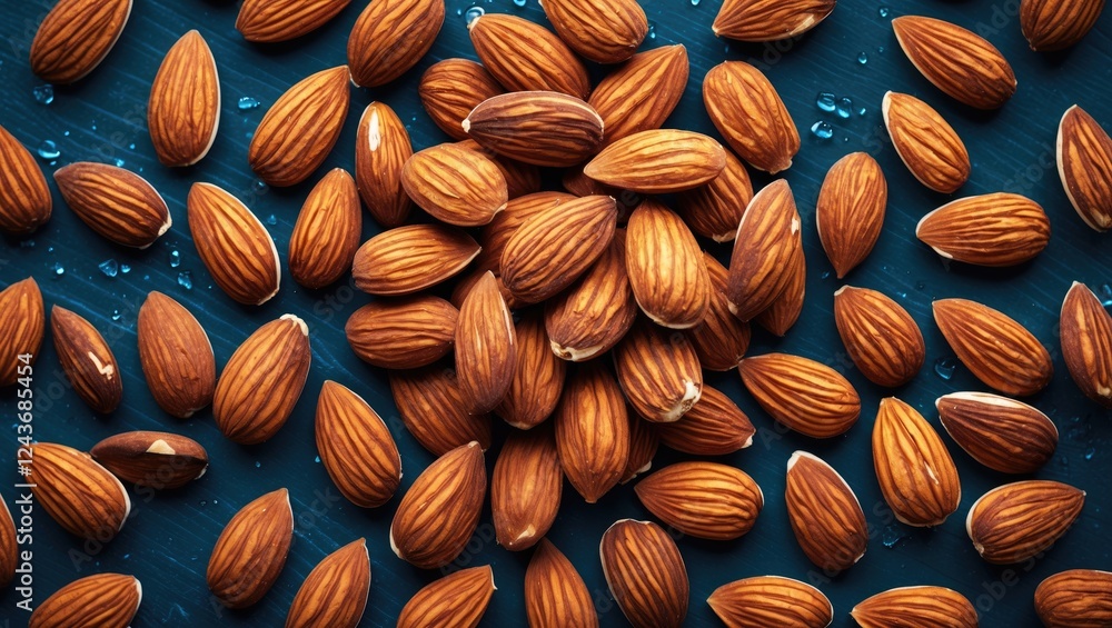 Poster almond nuts spread on dark background creating an inviting and textured abstract food image
