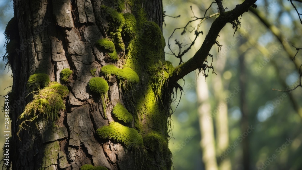 Poster moss-covered tree trunk with branch shadows creating a serene natural background showcasing intricat