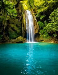 waterfall cascading into an emerald pool 
