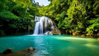 Fototapeta premium waterfall cascading into an emerald pool 