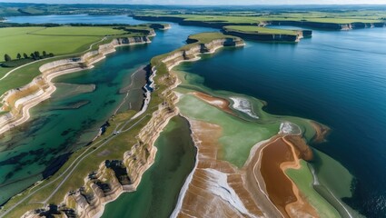 Aerial View of Stunning Flysch Rock Formations and Coastal Landscape with Vivid Colors and Serene Waters Reflecting Natural Beauty.