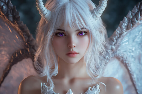 Shy White-Haired Demon Woman with Purple Dragon Eyes
