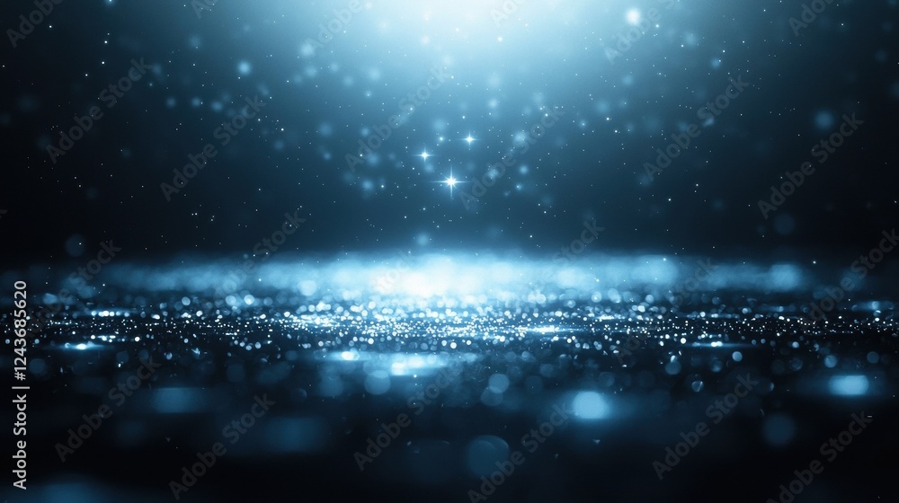Poster an ethereal, shimmering background featuring soft blue lights and sparkling particles. perfect for c