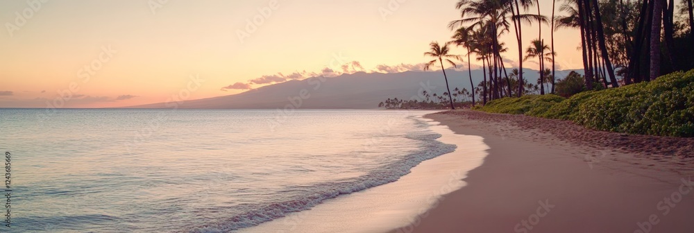 Poster gentle waves caress the sandy shore of a tropical beach lined with palm trees, creating a serene and