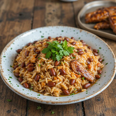 Rice and beans dish with fresh herbs on rustic wooden table