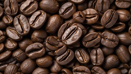 Fototapeta premium Close-up of roasted coffee beans showcasing rich textures and colors, ideal for coffee-related themes and beverage marketing.