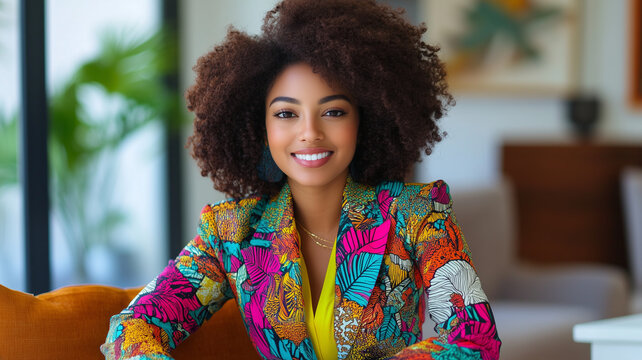 A young Afro-descendant woman in a stylish and colorful business suit, radiating joy and professionalism.