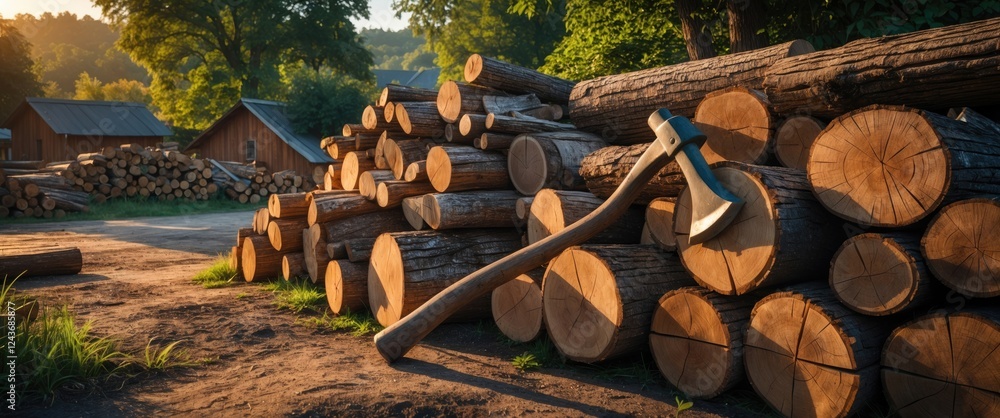 Poster woodpile in a village setting with logs stacked for kindling, featuring an ax and highlighting tree 