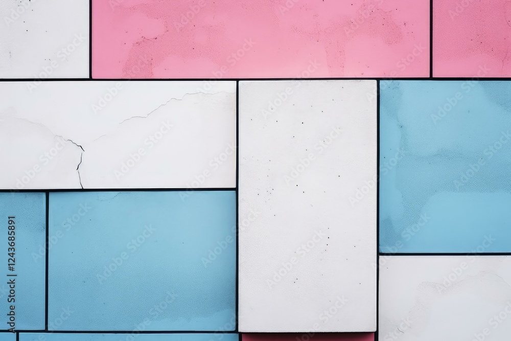 Poster close up of a colorful concrete wall with visible cracks and wear, creating an abstract geometric pa