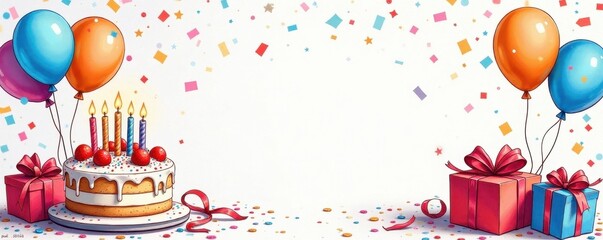 Whimsical hand-drawn birthday cake, balloons, presents, confetti , celebration, design