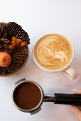 A warm coffee cup on the white background.