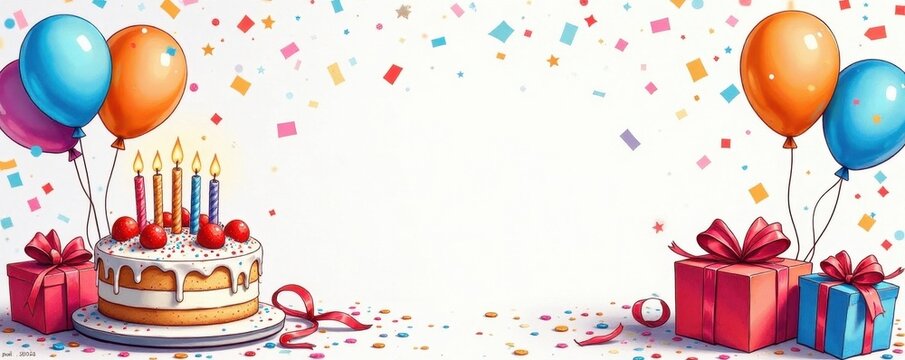 Whimsical hand-drawn birthday cake, balloons, presents, confetti , celebration, design