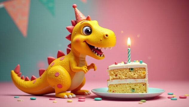A cheerful yellow dinosaur enjoys a birthday cake slice , dessert, birthday, blue background
