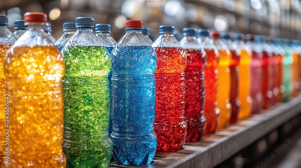 Poster colorful assortment of beverages in plastic bottles displayed on a shelf in a vibrant factory settin