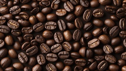 Obraz premium Aromatic close-up of roasted coffee beans arranged in various angles showcasing texture and color diversity on a dark background