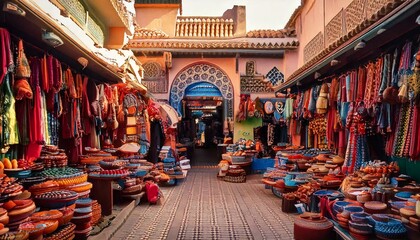 Naklejka premium Moroccan bazaar filled with colorful stalls 