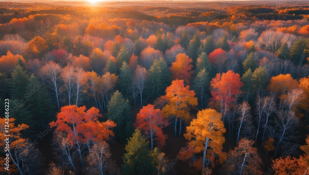 Poster aerial view of vibrant autumn forest at sunset with multicolored trees and expansive copy space for 