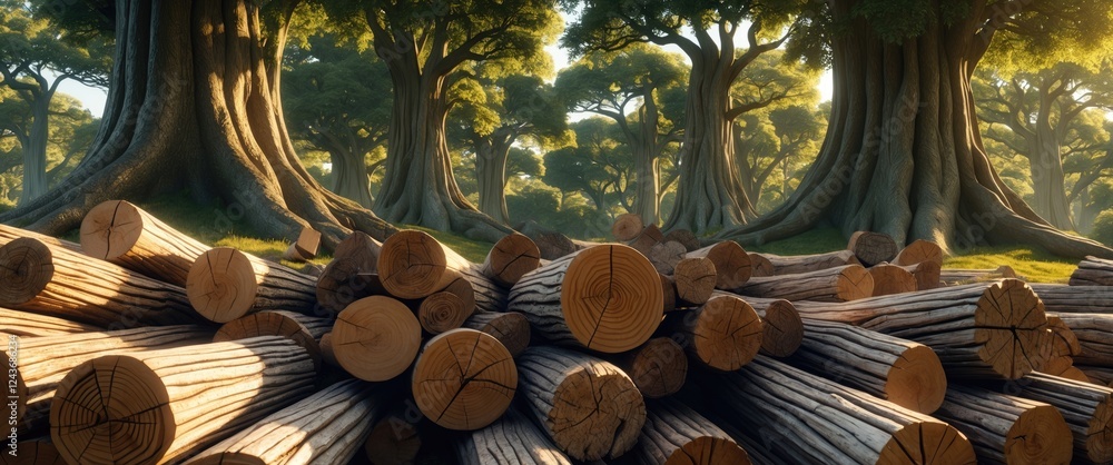 Poster detailed view of a pile of chopped logs with lush trees in the background showcasing a serene forest