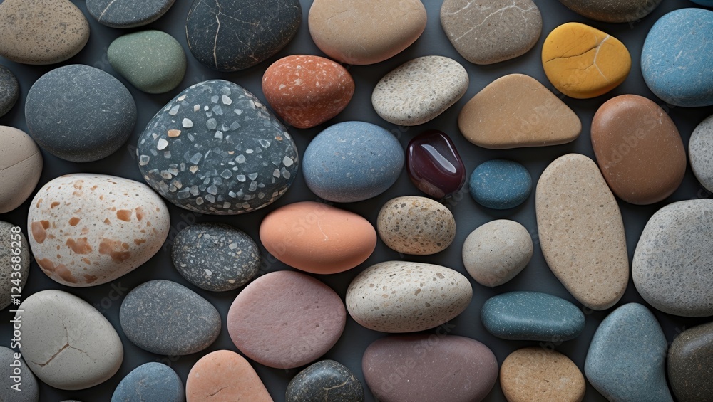 Poster a diverse assortment of colorful and uniquely shaped pebbles arranged creatively on a surface for de