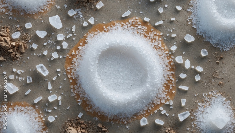 Poster top view of crystallized salt formations on the ground highlighting textures and patterns in a natur